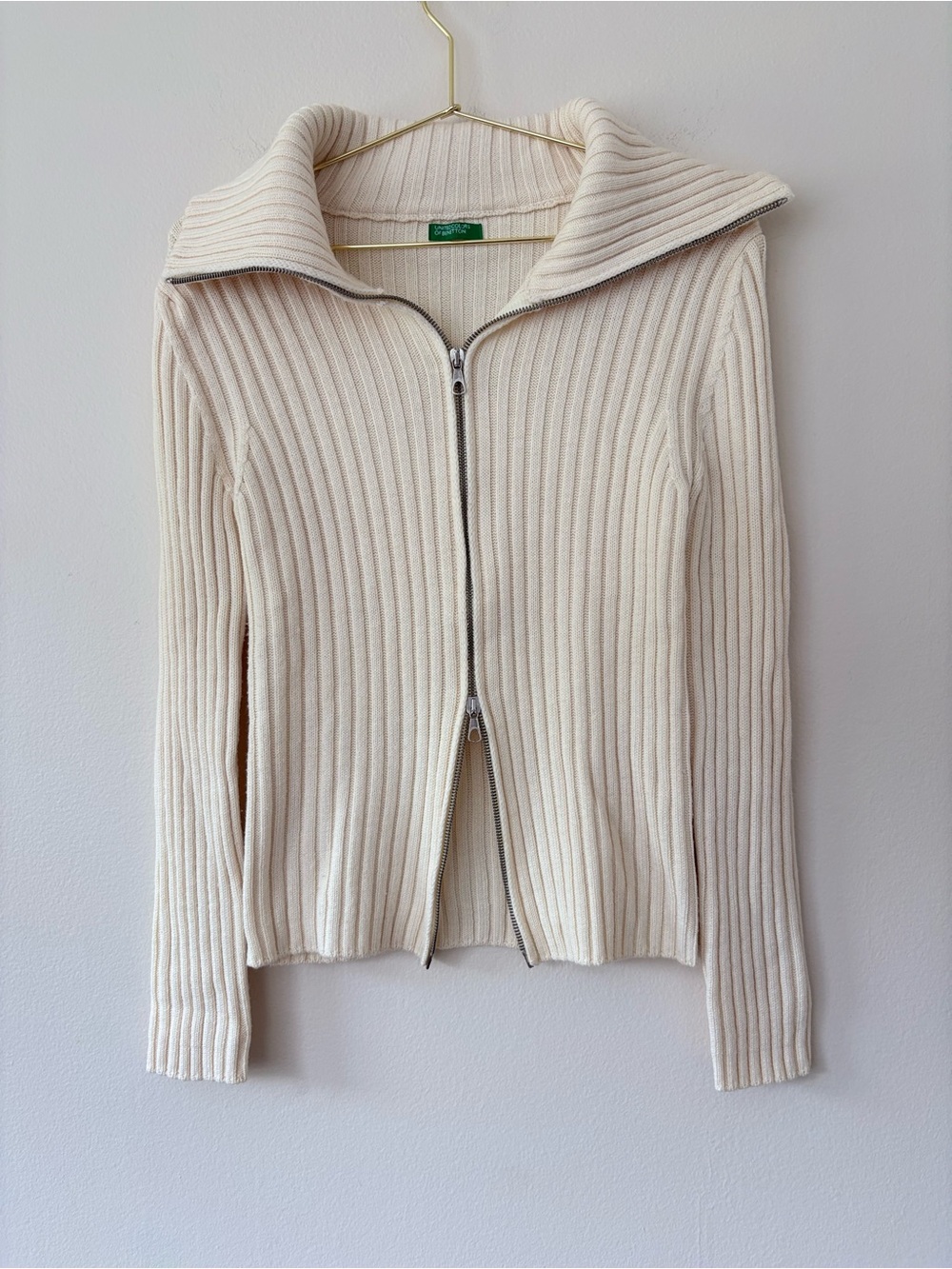 United Colors of Benetton Wool Blend Ribbed Zip Cardigan Sweater Cream M
